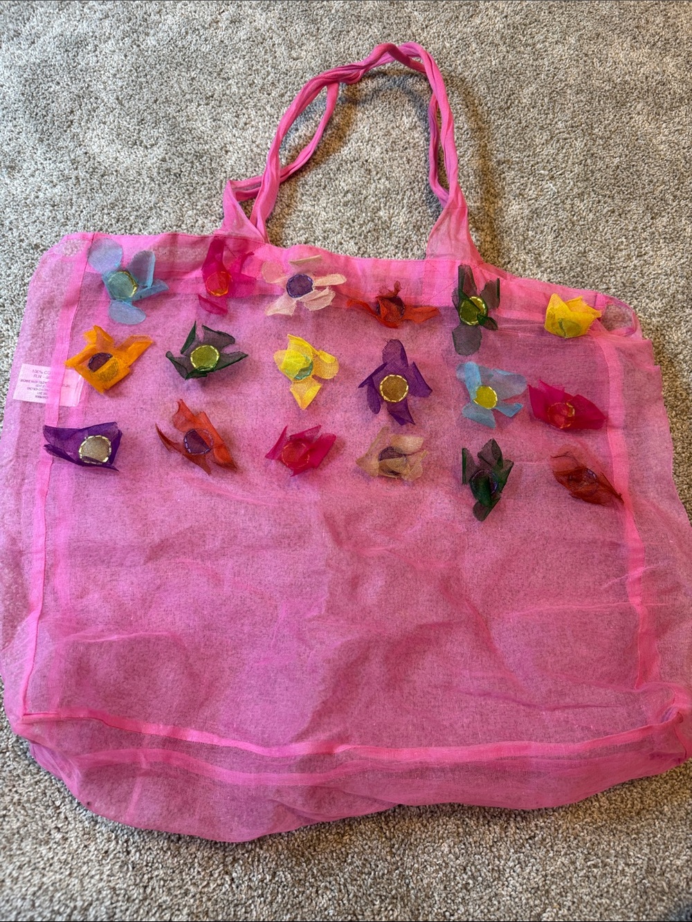 Twos Company Bright Pink Floral Appliquรฉ Mesh Tote Bag